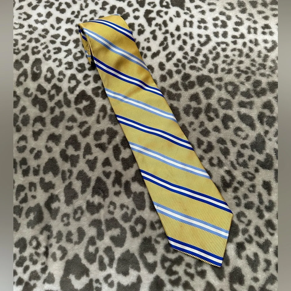 Harold Powell Silk Necktie in Yellow/Orange Blue Stripe